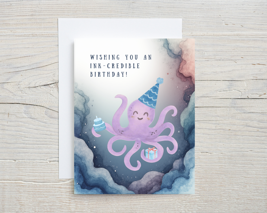 Birthday card with a purple octopus and text 'Wishing you an ink-credible birthday!' on a watercolor 