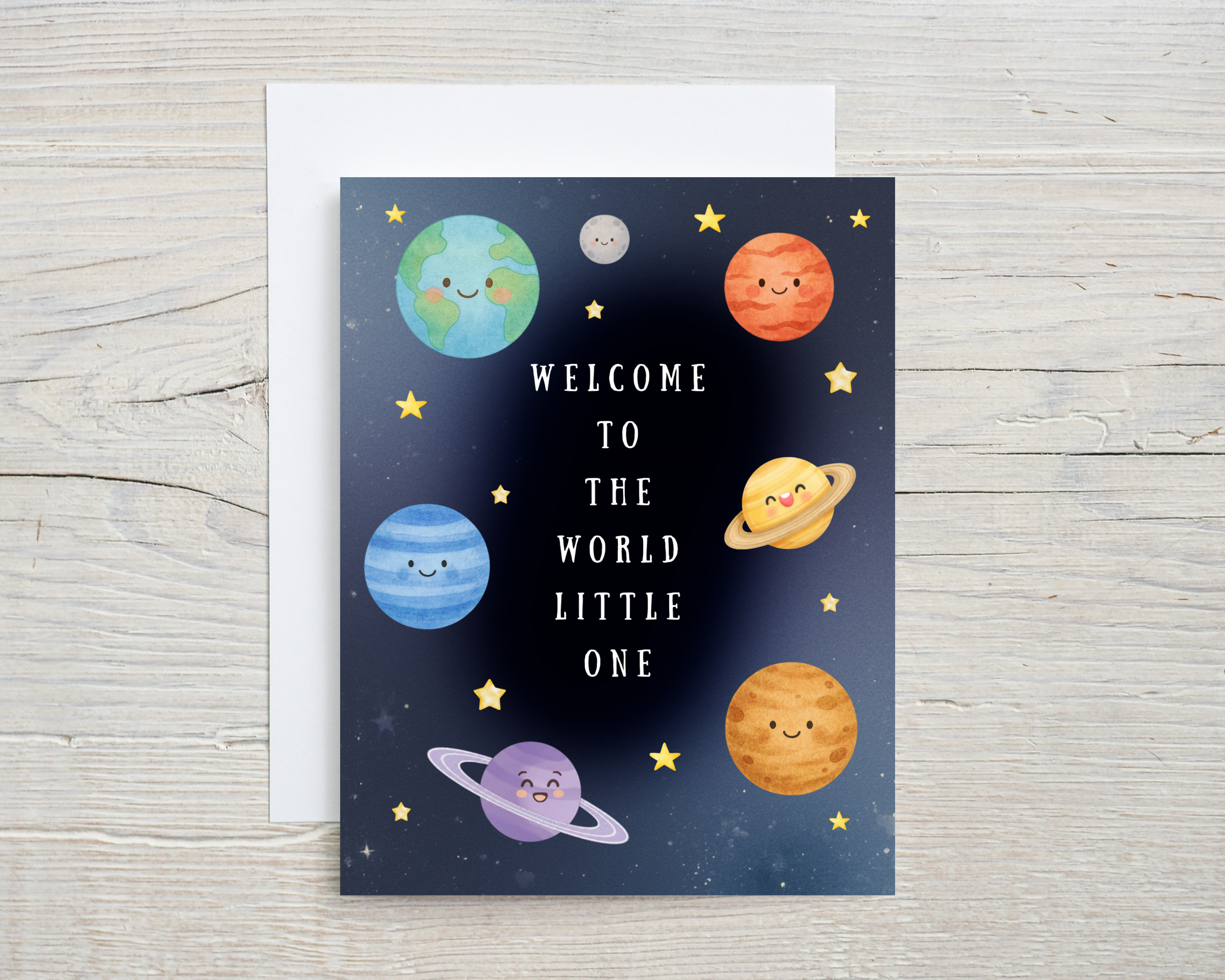 Greeting card with cartoon planets and stars on a wooden surface