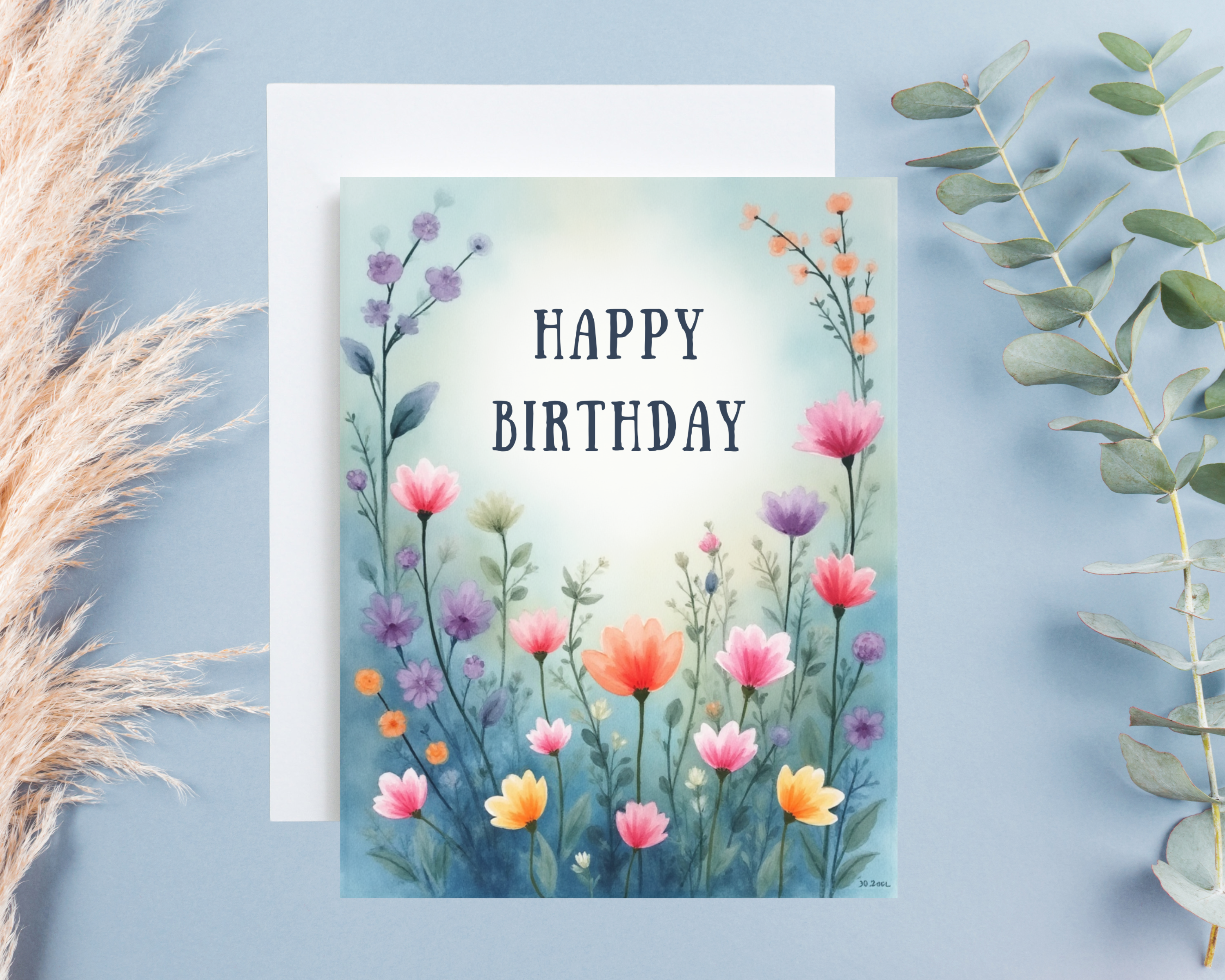 Birthday card with floral design and 'Happy Birthday' text on a light blue background