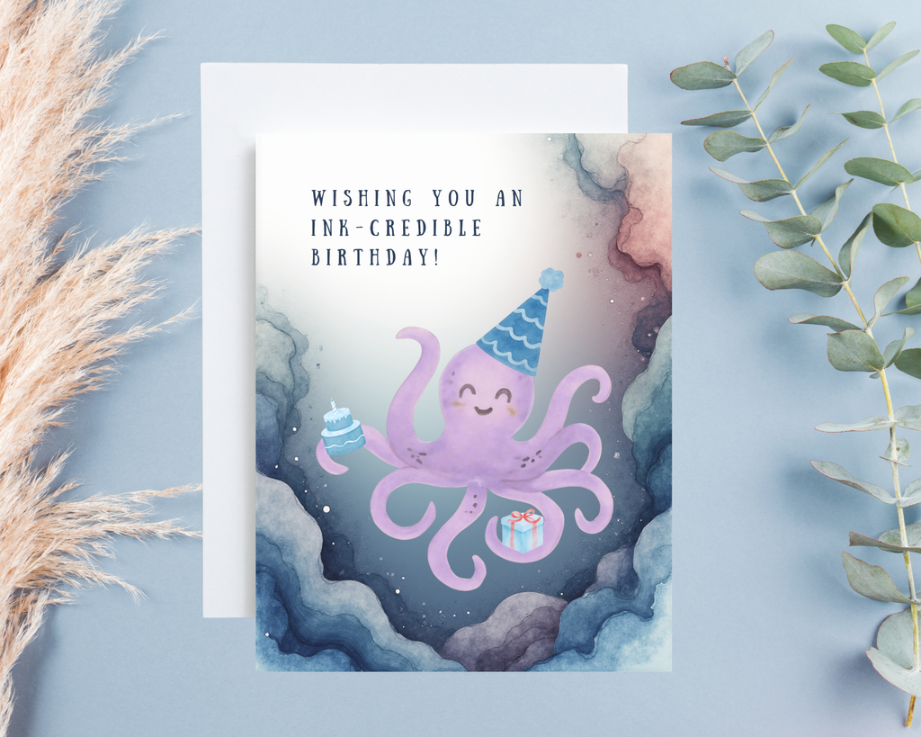 Birthday card with a purple octopus and text 'Wishing you an ink-credible birthday!' on a blue background.