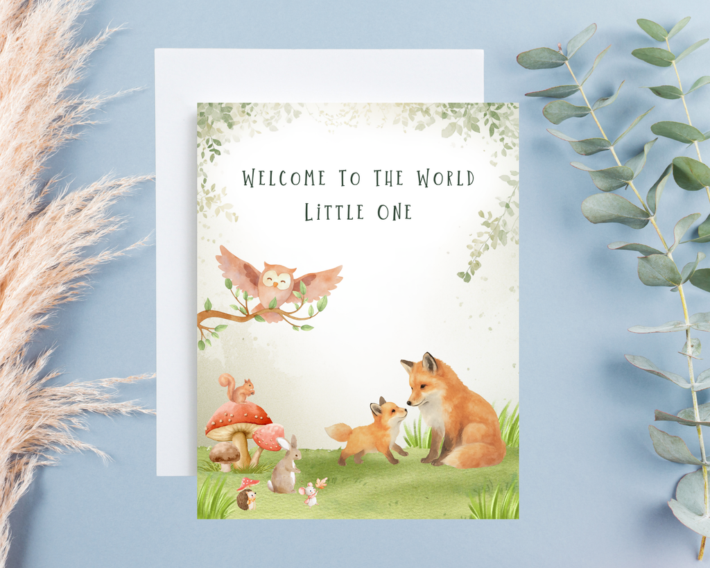 Greeting card with fox and baby fox illustration on a light blue background
