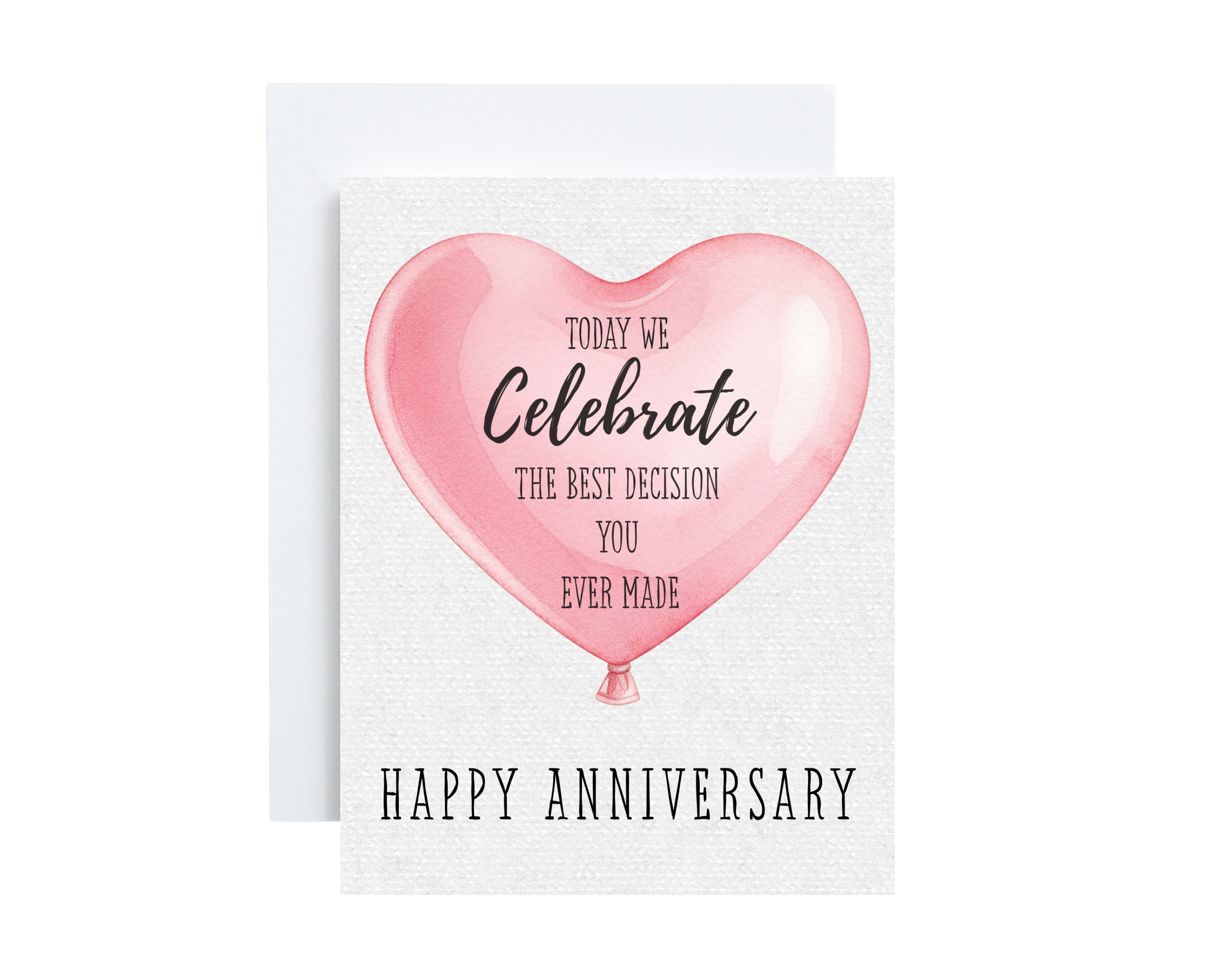Card with a pink heart balloon and anniversary message on a white background