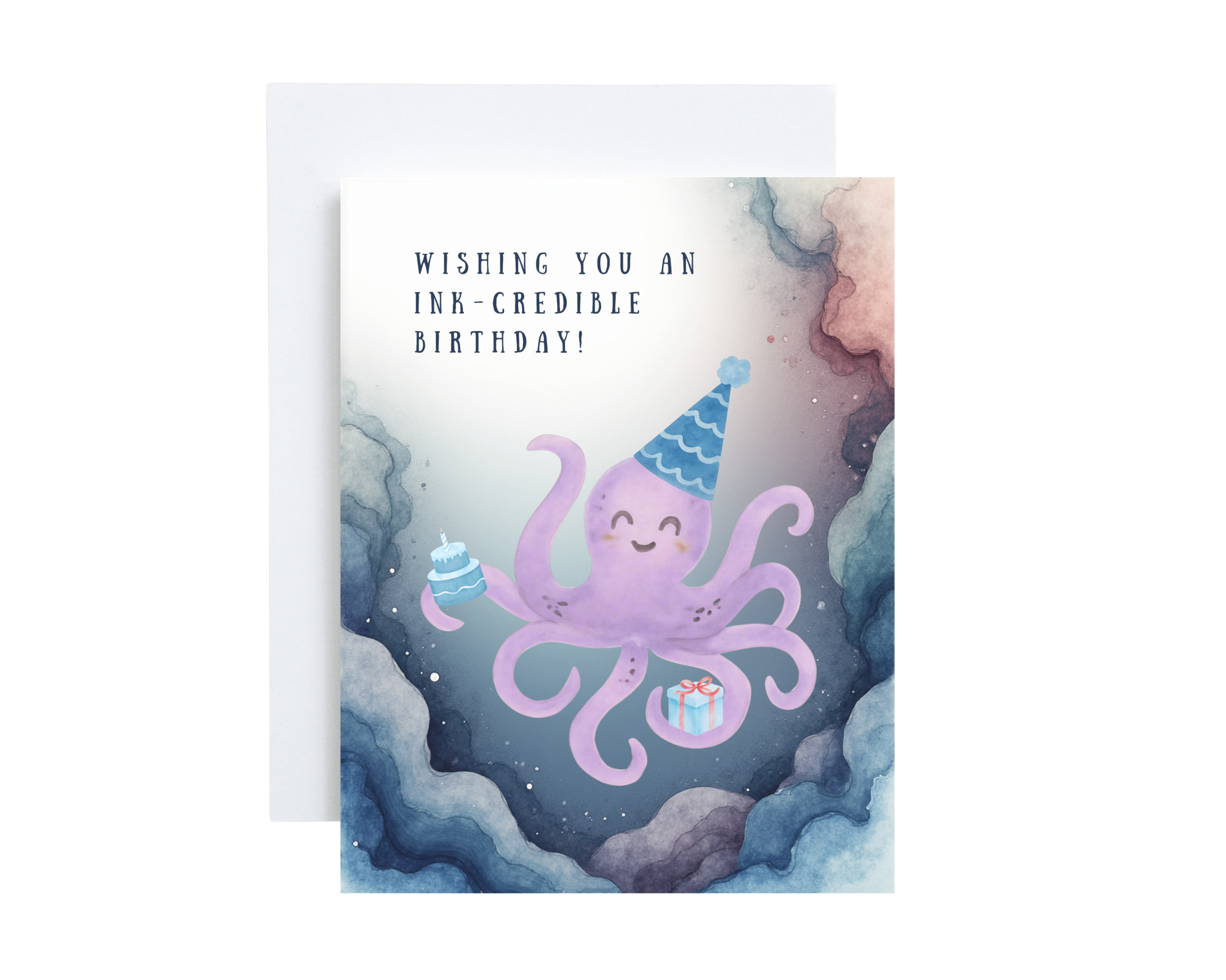 Birthday card with a purple octopus and text 'Wishing you an ink-credible birthday!' on a watercolor background.