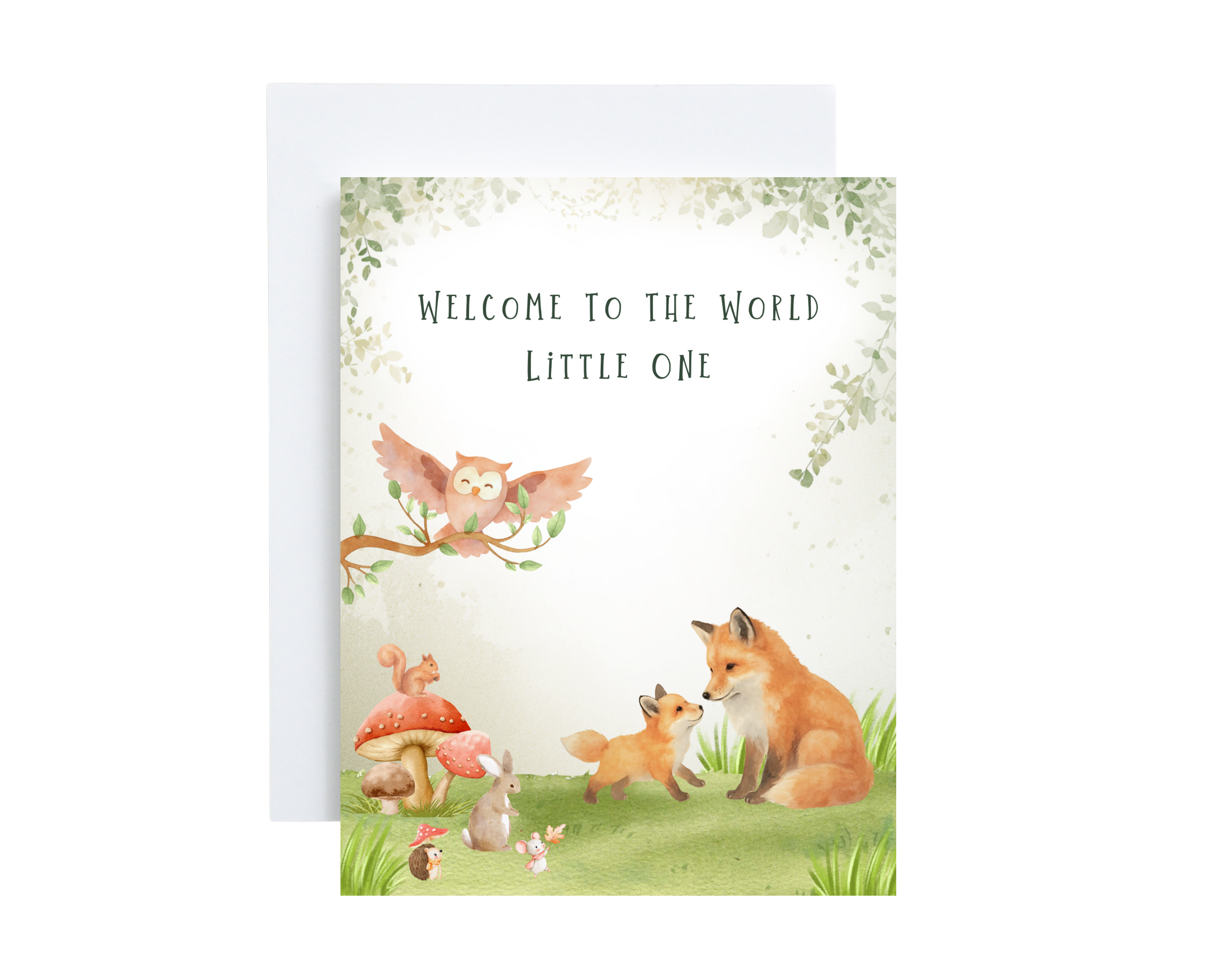 Greeting card with forest animals and 'Welcome to the World Little One' text on a white background