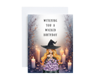 Greeting card with a witch design and 'Witching you a Wicked Birthday' text.