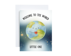 Greeting card with a cartoon Earth character and text 'Welcome to the World Little One' on a white background.