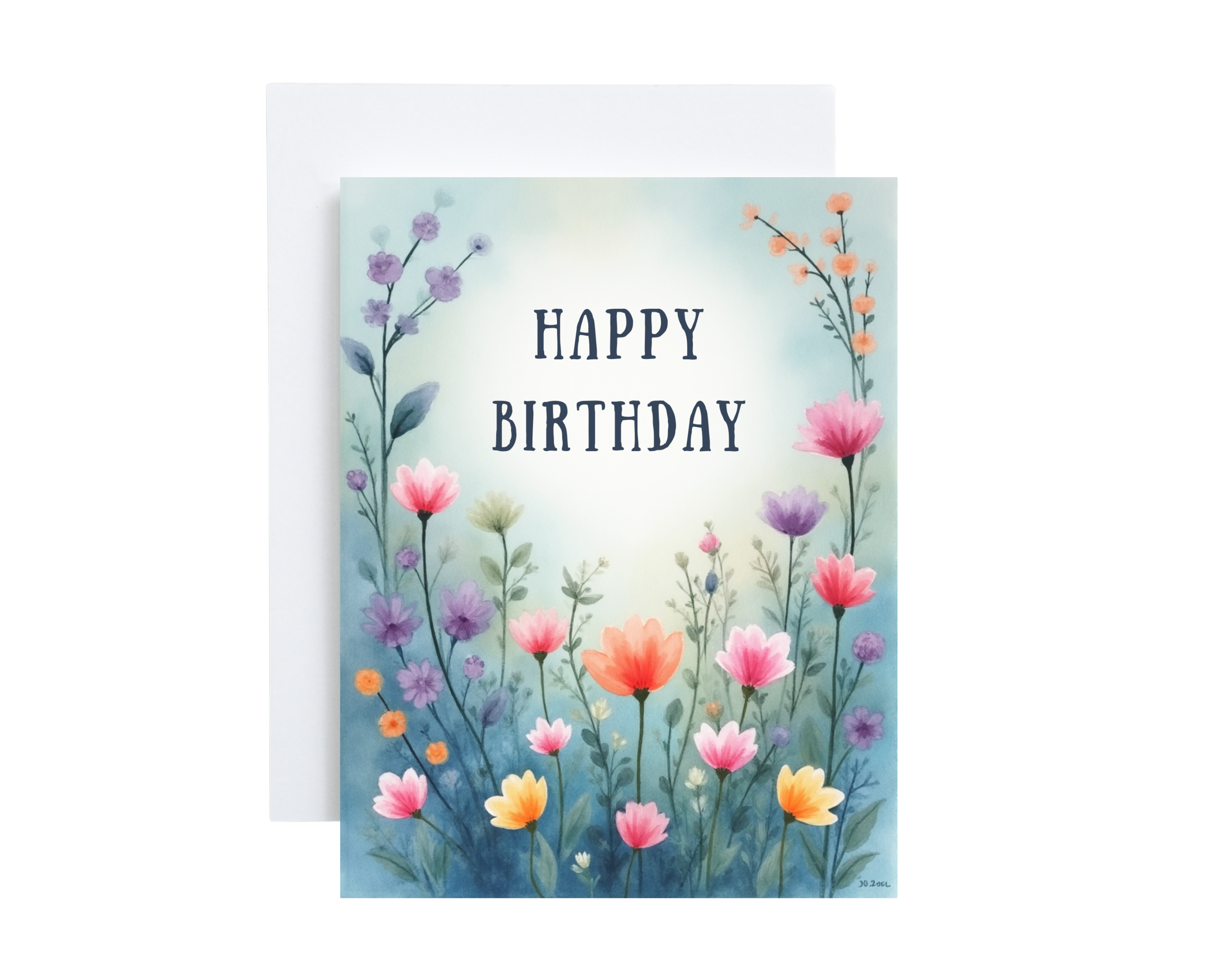 Birthday card with colorful flowers and 'Happy Birthday' text on a light blue background