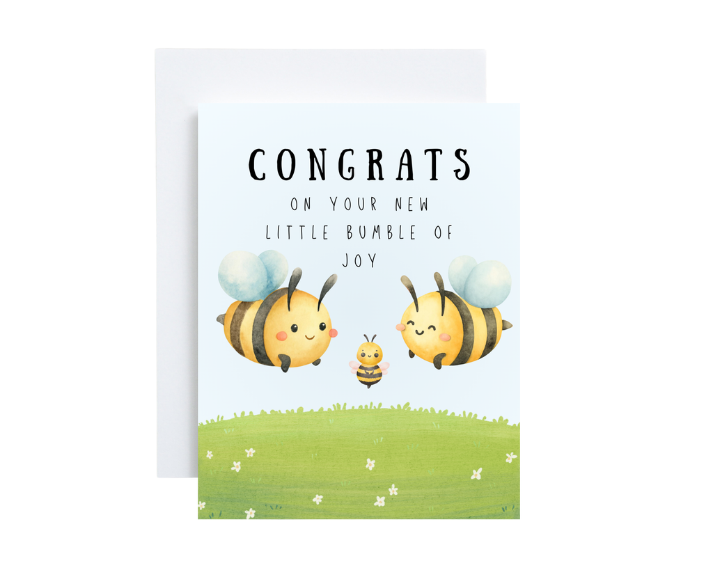 Greeting card with cartoon bees and 'Congrats on your new little bumble of joy' text on a light blue background.