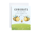 Greeting card with cartoon bees and 'Congrats on your new little bumble of joy' text on a light blue background.
