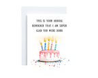 Birthday card with cake illustration and humorous text on a white background