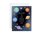 Greeting card with cartoon planets and 'Welcome to the World Little One' text on a dark blue background.